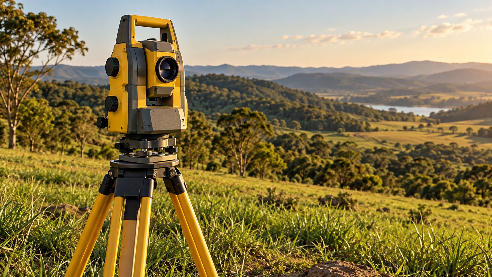 Equipamento topográfico em paisagem rural ilustrativa